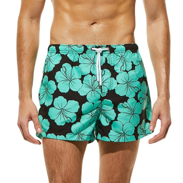 

men breathable swim pants swimwear shorts slim wear briefs flower print green beach shorts size s-xl