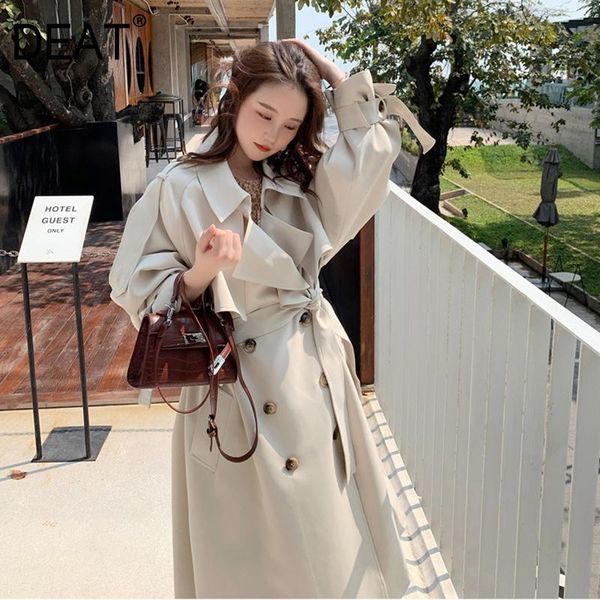 

deat] trench coat women beige solid lapel collar double button england style long length thick elegant slim new autumn tu161, Tan;black
