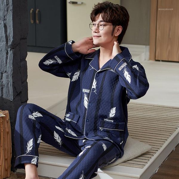 

men's sleepwear autumn and winter pajamas men's pure cotton air interlayer middle-aged youth home service thickening ensemble homm, Black;brown