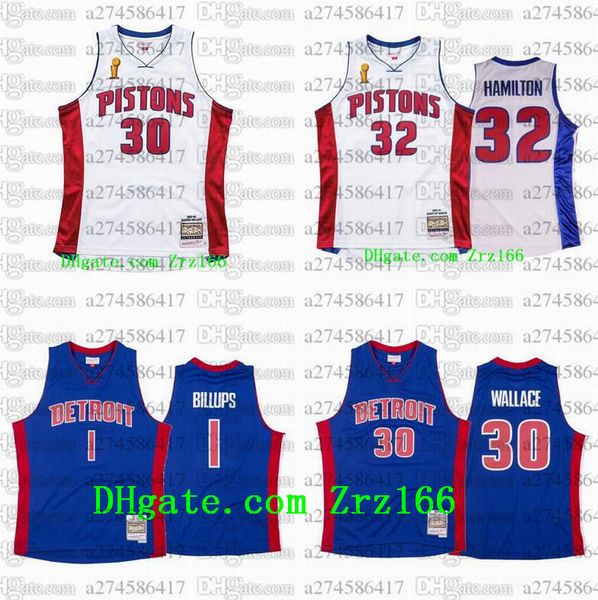 

retro men kid detroitcity team 30 wallace 1 billups 32 hamilton 2003-04 white blue hardwoods classic jersey, Black;red