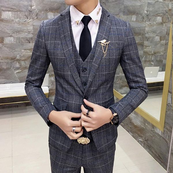 

jackets + vest + pants ) mens suits and vest with pants men plaid suits for wedding men's plaid business suit three-piece set1, White;black
