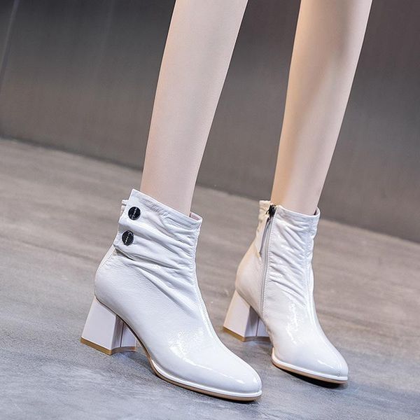 

women's leather boots boots-women round toe luxury designer shoes zipper mid calf 2020 fashion ladies rock rubber low, Black