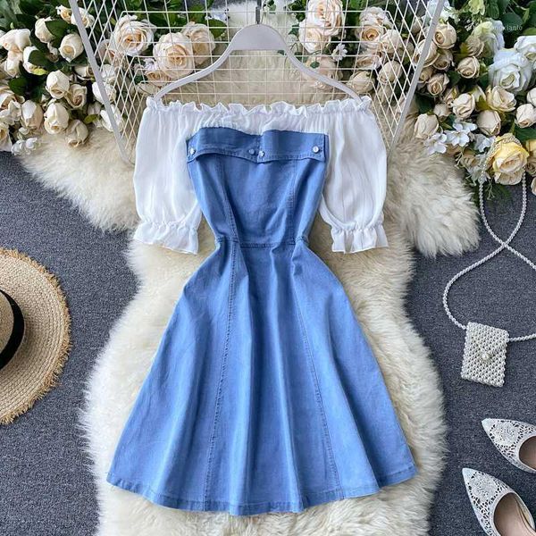 

singrain women vintage denim dress korean slash neck puff sleeve short dress summer vacation casual patchwork a line 20201, Black;gray
