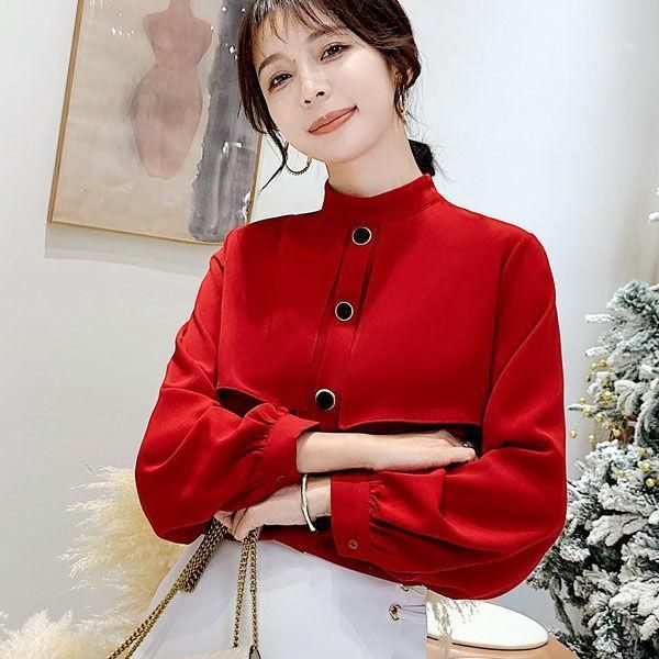 

2021 new arrival spring fashion women casual chiffon shirts vintage solid mandarin collar female plus size s451, White