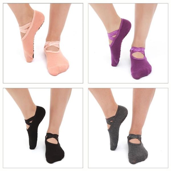 

sports socks 2021 sell round yoga ladies ballet dancing anti-slip cotton with ribbons fitness slippers, Black