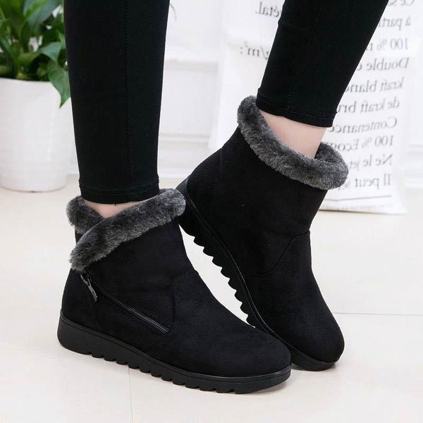 

winter women boots shoes 2020 solid flat plush warm snow boots women shoes zipper platform ankle casual woman, Black