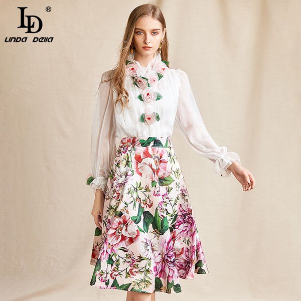 

ld linda della fashion designer summer sets women's appliques long sleeve gauze and flower printed skirt 2 two pieces suit 201130, White