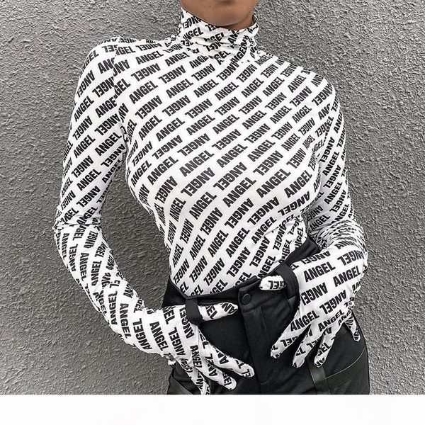 

2020 fall fashion angel printed black women designer long sleeve high neck t-shirt with gloves female crop streetwear, White