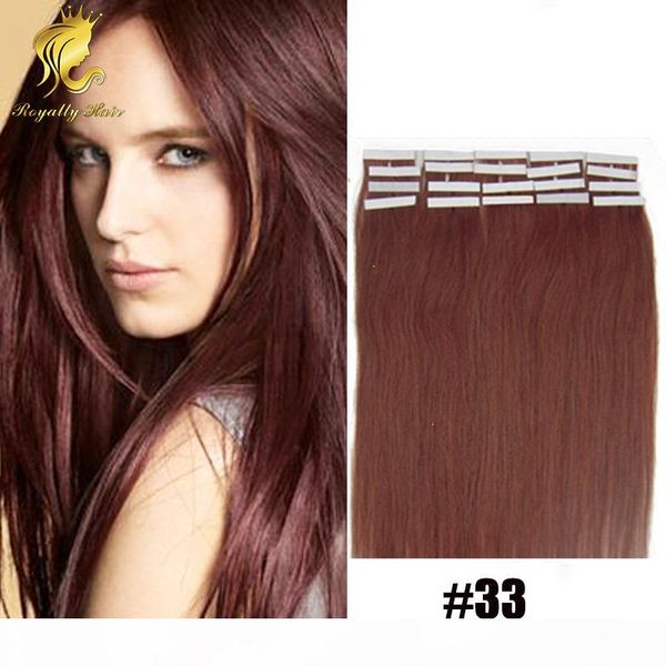 

33# dark auburn pu skin weft hair brazilian 20" strong tape adhesive human extensions 20pcs set skin hair weft, Black