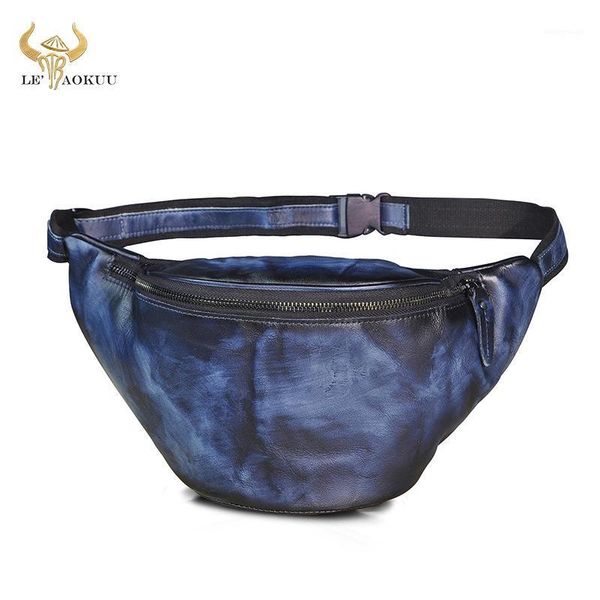 

waist bags genuine leather men casual fashion blue travel fanny belt chest pack sling bag design bum phone case male 99811