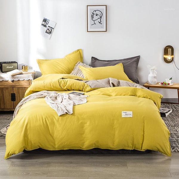 

solid color bedding sets cotton twin full  double duvet cover sets luxury fashion flat sheet pillow cases yellow bedclothes1