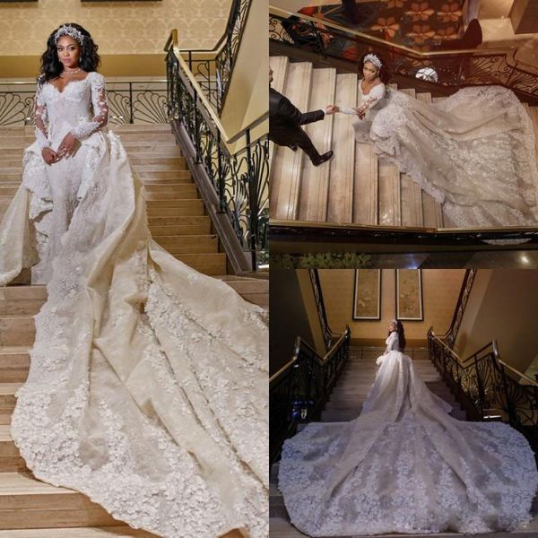 

luxury mermaid wedding dresses with detachable train long sleeve lace appliques beads ruffle chapel bridal gowns arabic robe de mariée, White