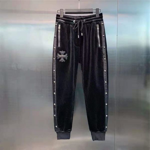 

plush & amp; thickened casual pants fashion brand croxin cross leather ribbon and willow nail sports leggings, Black