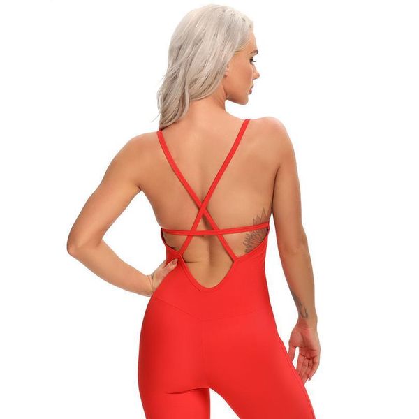 

fitness women sport suit jumpsuit sleeveless tracksuit yoga set backless gym running sportswear leggings woman work jllonq, White;red