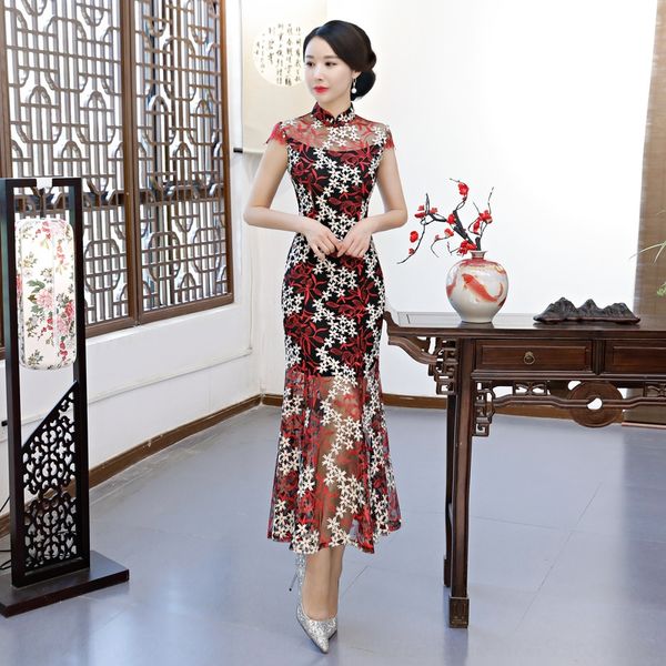 

suzhou new lace embroidered long fishtail with stand lace cheongsam ing collarslant lapel and short sleeveimproved cheongsam 3m4jb, Black;gray