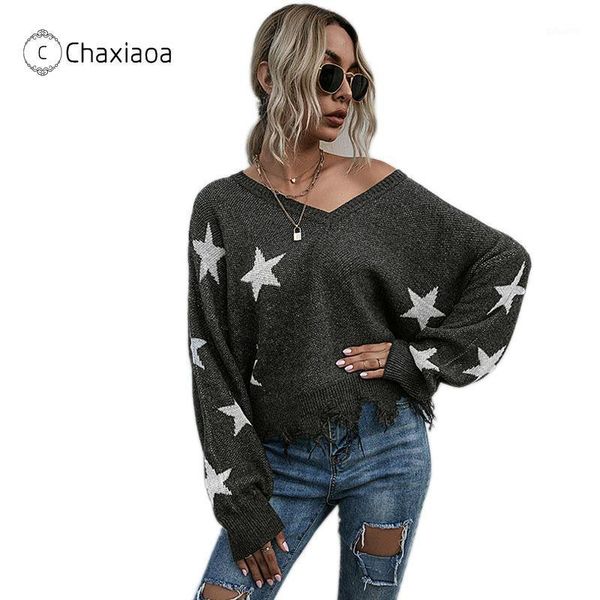 

chaxiaoa knitted sweaters women pullovers fashion long sleeve v-neck warm knitwear star pattern tassels korean sweaters x4171, White;black