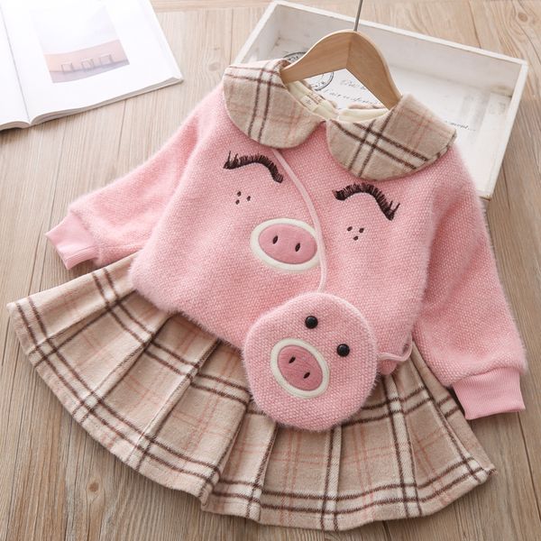 

baby girl clothes autumn and winter warm cartoon piggy knitted wool sweater plus velvet padded suit girls plaid shirt plus clothes 3pcs, White