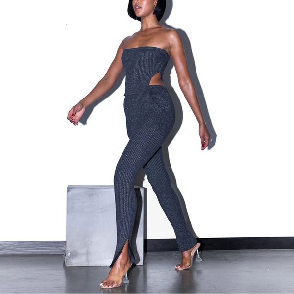 

kgfigu two pieces sets 2020 new arrival strapless and pants sets casual tight solid color black sequin pants suit outfits, White