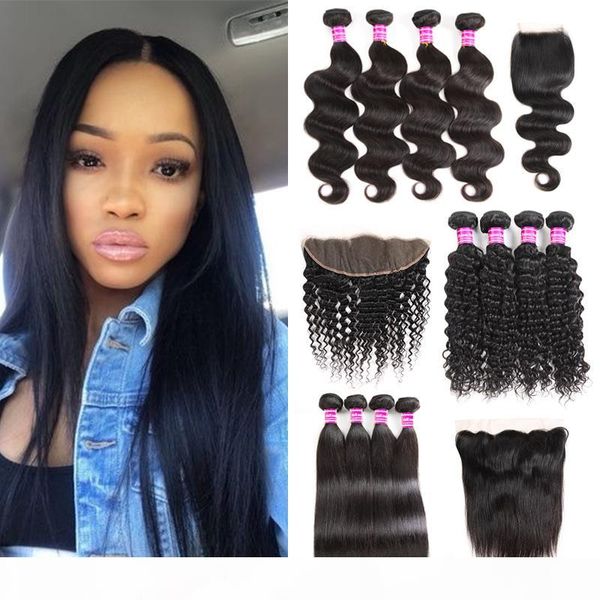 

8a brazilian virgin hair weaves straight human hair bundles with frontal deep wave wefts with closures water wave bulk remy hair extensions, Black