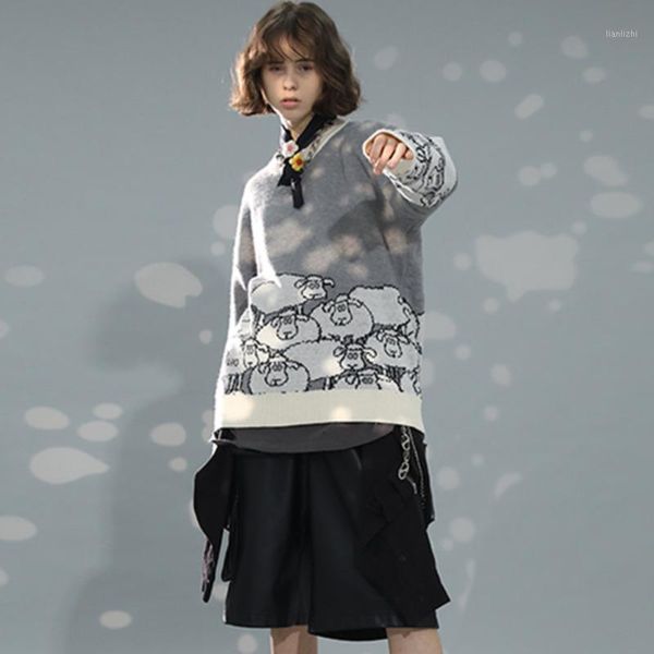 

cute sweater women 2020 winter korean style streetwear casual cartoon sheep printed long sleeve knitted pullover jumper 1, White;black