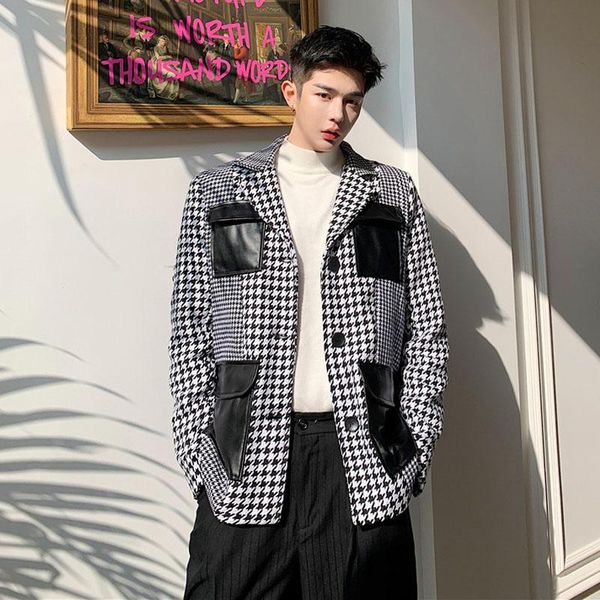 

men loose casual houndstooth splice leather pocket thicken blazers suit coat outerwear male vintage suit jacket outerwear, White;black