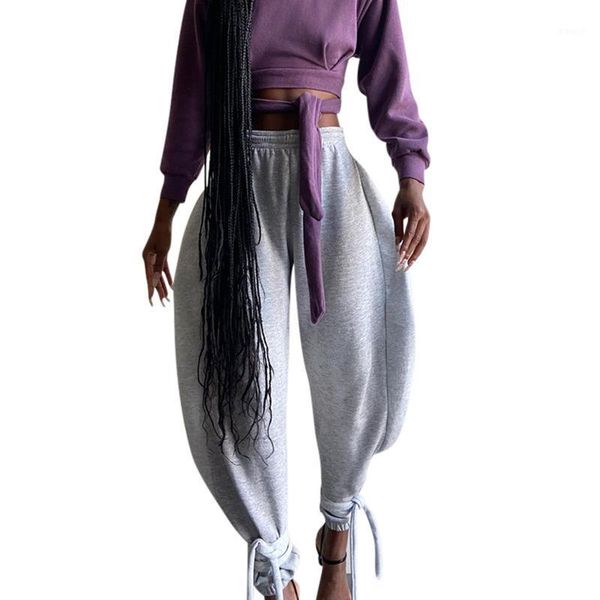 

women pants sweatpants with leg straps elastic waist solid color casual wild simple style spring clothing1, Black;white