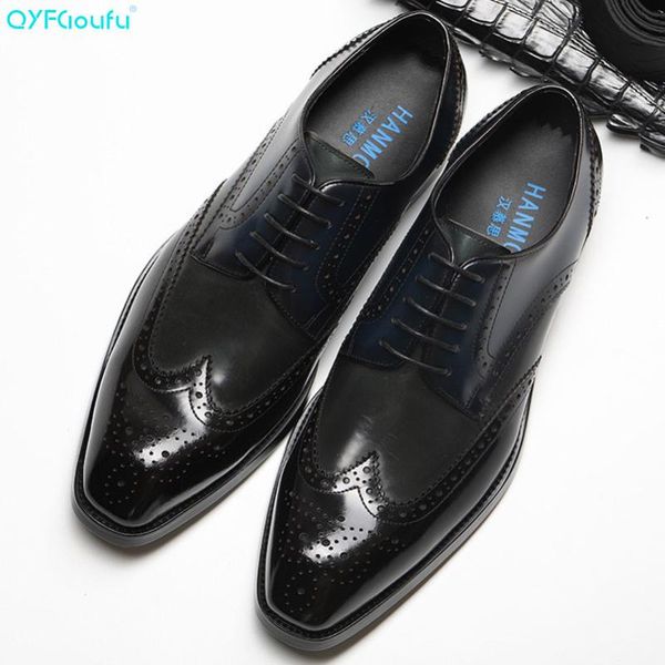 

qyfcioufu genuine leather lace up shoes men formal vintage shoes men elegant brogue wedding dress, Black