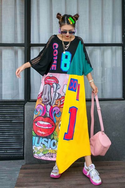 

2020 лета моды крупных женщин сетка сращивание длинных футболки для женщин 2020 лета моды крупных женщин сетки сращивания длинные dresst фут, Black;gray