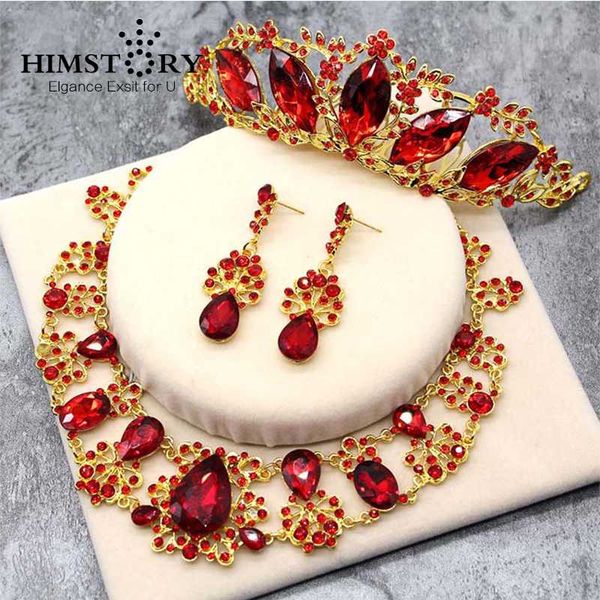 

gorgeous red austrian crystal wedding jewelry waterdrop floral crown hair comb tiara necklace earrings set bridal jewelry set, Silver