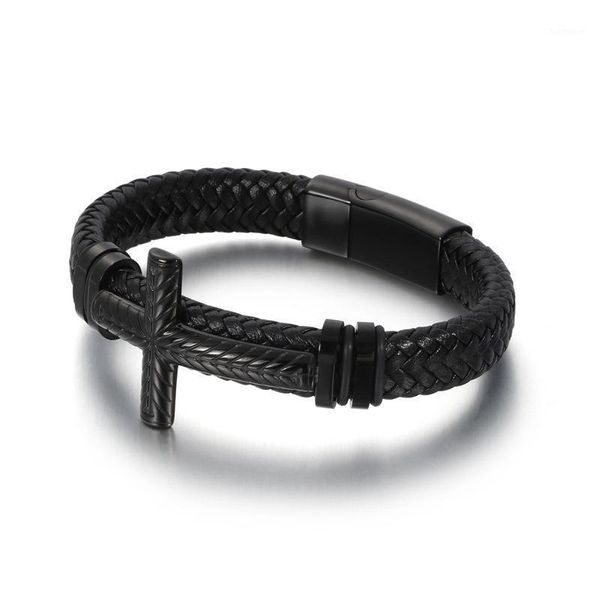 

classic fashion creative cross men's metal bracelet braided charm leather bracelet1, Black