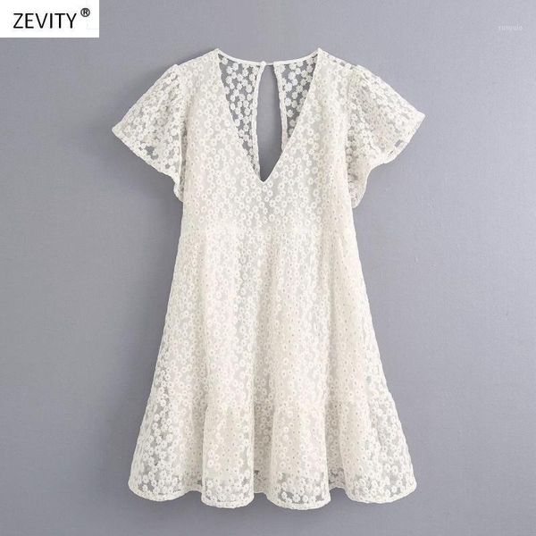 

zevity new women sweet floral embroidery casual slim lace dress female backless inner shorts vestido chic ruffles dresses ds40001, Black;gray