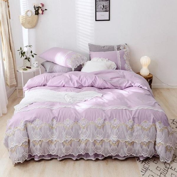 

13372 cotton korean princess 4 pcs bedding set lace applique embroidery duvet cover pillowcase bedskirt lace bed linen