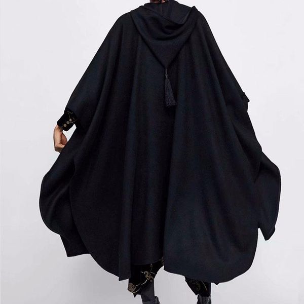 

women's trench coats winter cloak hooded coat thick woolen women gothic cape poncho open cardigans female tassel long overcoat, Tan;black