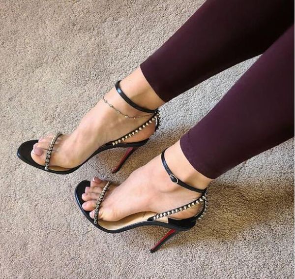 

luxury summer women dress shoes reds sole sandals brand lady red bottoms so me spikes leather sandal high heels ankle strap gladiator sandal, Black