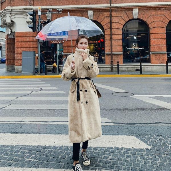 

women's wool & blends korean-style fur lambs long coat 2021 winter womens dress retro laziness /401, Black