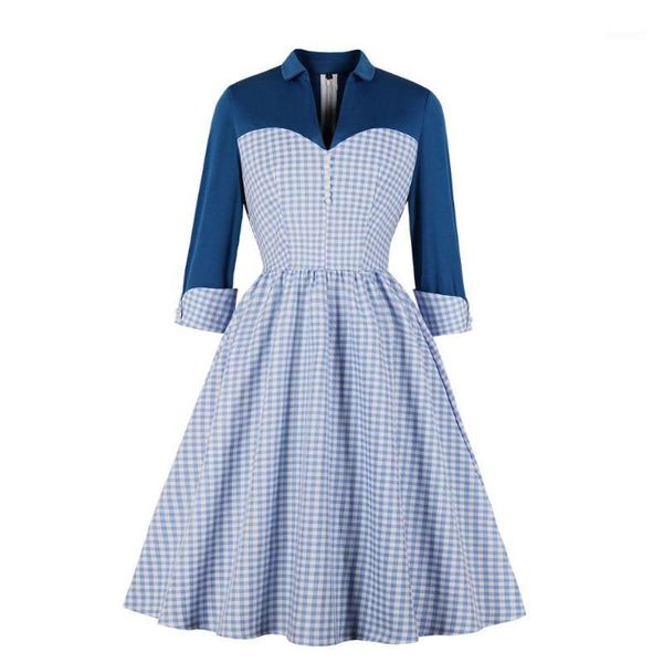 

3/4 sleeves 40s 50s 60s woman work office career vintage dresses blue color contract check dress female shirt plaid dress1, Black;gray