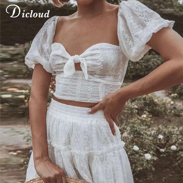 

women's two piece pants dicloud white elegant lace cotton dress suit women summer set bow tie crop and high waist embroidery skirt1