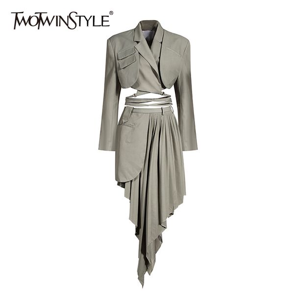 

twotwinstyle ruched irregular two piece set for women notched long sleeve lace up high waist skirt suit female tide new 201130, White