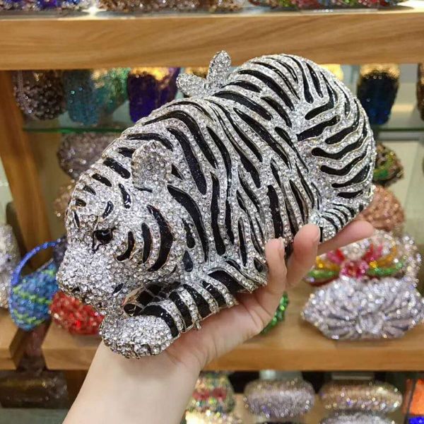 

women tiger gold/silver rhinestones crystal evening clutches bag wedding dress bridal diamond chains shoulder handbags purses