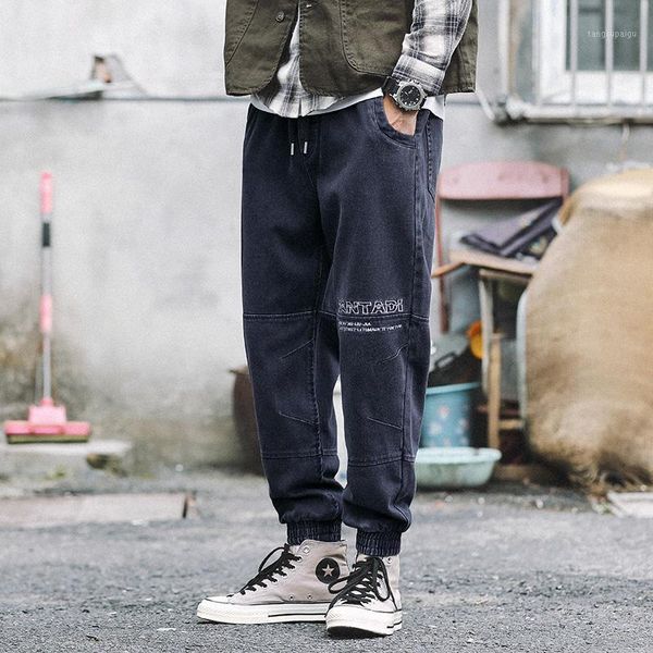 

fashion streetwear men jeans loose fit spliced designer denim cargo pants harem jeans men japanese style hip hop joggers1, Blue