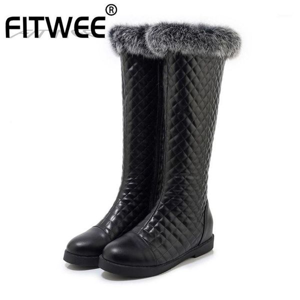 

fitwee women flats knee high boots pu leather winter warm daily snow boots round toe zipper shoes woman footwear size 32-431, Black