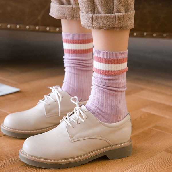 

tea color and knee leg middle tube college style pure cashmere three bar draw pile women's socks, Black;white