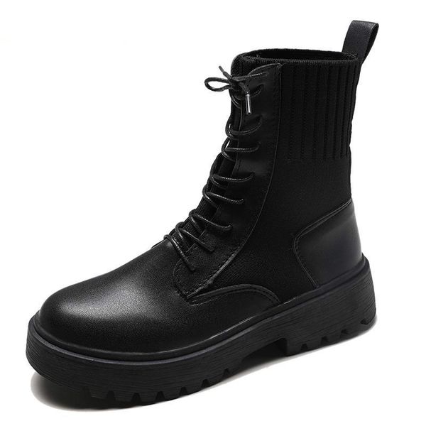 

boots 2021flat platform women shoes autumn winter fashion round toe lace-up leather ladies stretch fabric zh100090, Black