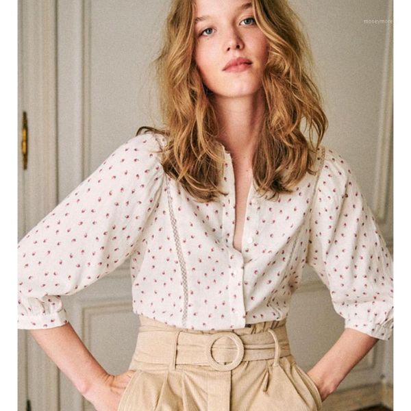 

women's blouses & shirts floral cotton printed women summer lace patchwork puff sleeve casual loose vintage elegant tunic 2021 office l, White