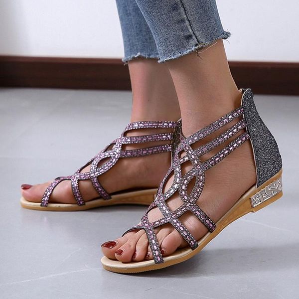 

summer women wedges sandals open toe breathable sandals zipper casual rhinestones shoes plus size women #40, Black
