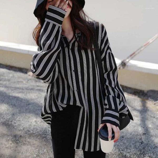 

women stripe long sleeve blouse button down lapel collar office work shirts1, White