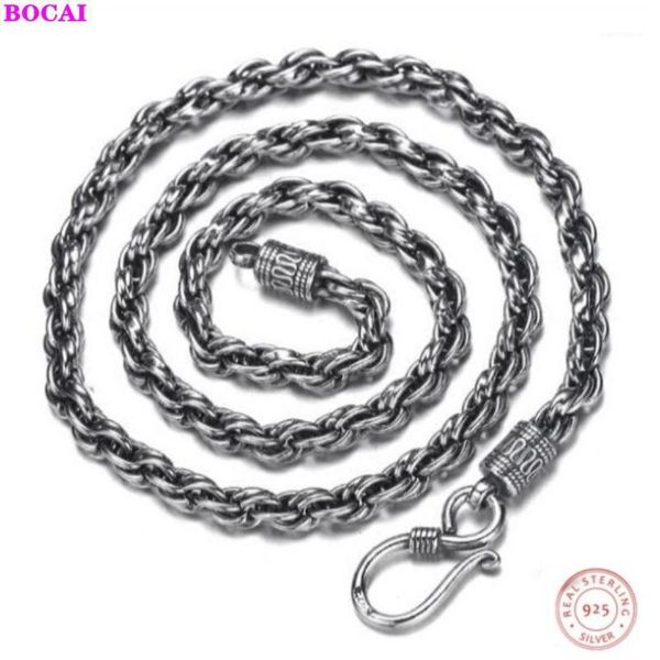 

BOCAI S925 sterling Silver necklace Antique craft Thai silver men's water wave pattern ring S hook pure Necklace for men1