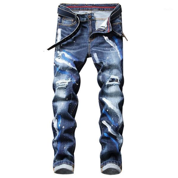 

new arrive men's skinny denim pants for youth autumn winter casual slim ripped patchwork cowboys trousers hip hop printed jeans1, Blue