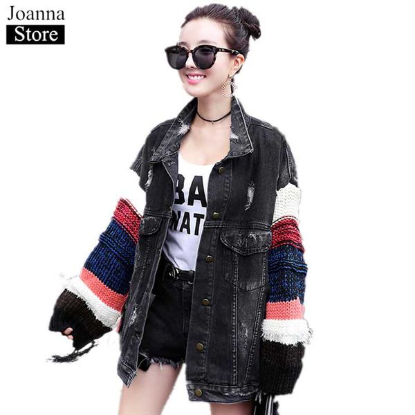 

autumn new harajuku denim lapel jacket women long sleeve knitting stitching tassel black denim jackets female casual streetwear, Black;brown