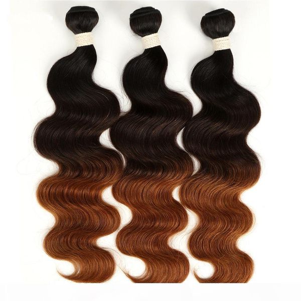 

1b 4 30 ombre golden brown hair weave three tone peruvian ombre human hair body wave 3 bundles virgin peruvian hair, Black